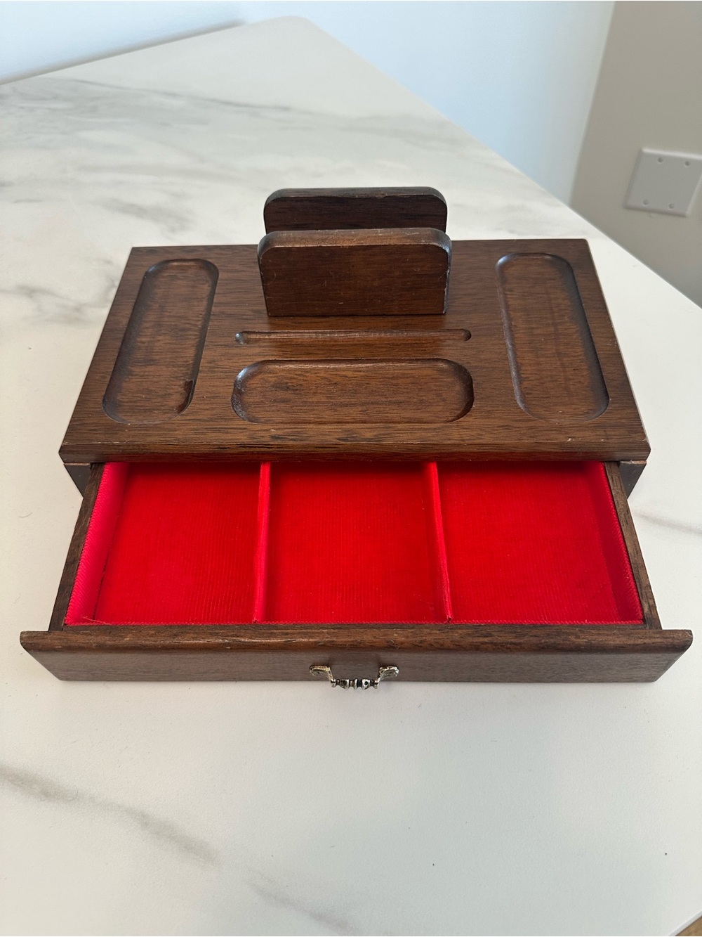 Vintage Wooden Walnut Valet Tray with Red Lined Drawer - Men Accessories